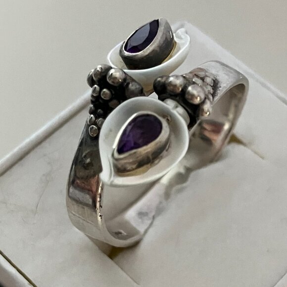 Mother of Pearl & Amethyst 925 Sterling Silver ring - Picture 3 of 6